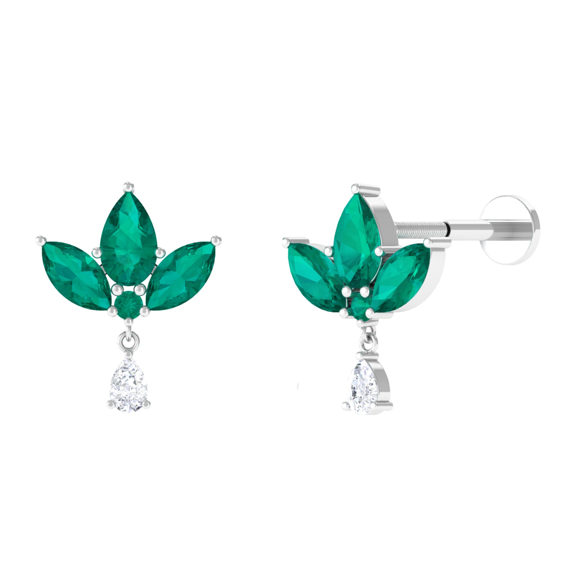 Created Emerald Flower Earring with Teardrop Moissanite Lab Created Emerald - ( AAAA ) - Quality - Rosec Jewels