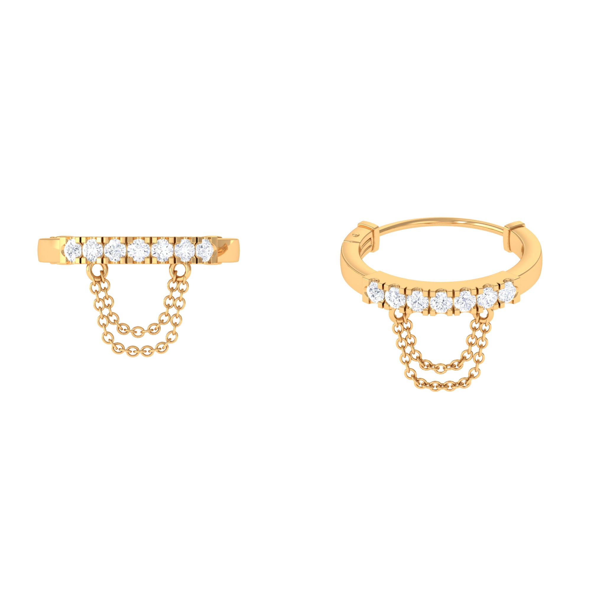 Real Diamond Conch Hoop Earring with Double Gold Chain Diamond - ( HI-SI ) - Color and Clarity - Rosec Jewels