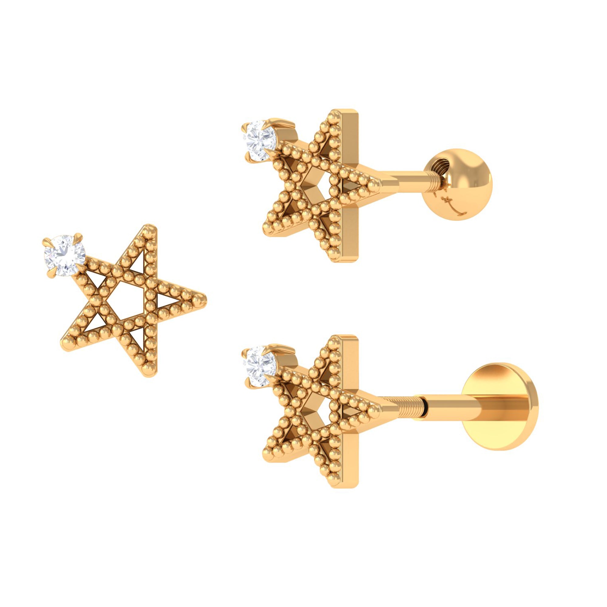 Natural Diamond Star Cartilage Earring with Beaded Gold Diamond - ( HI-SI ) - Color and Clarity - Rosec Jewels