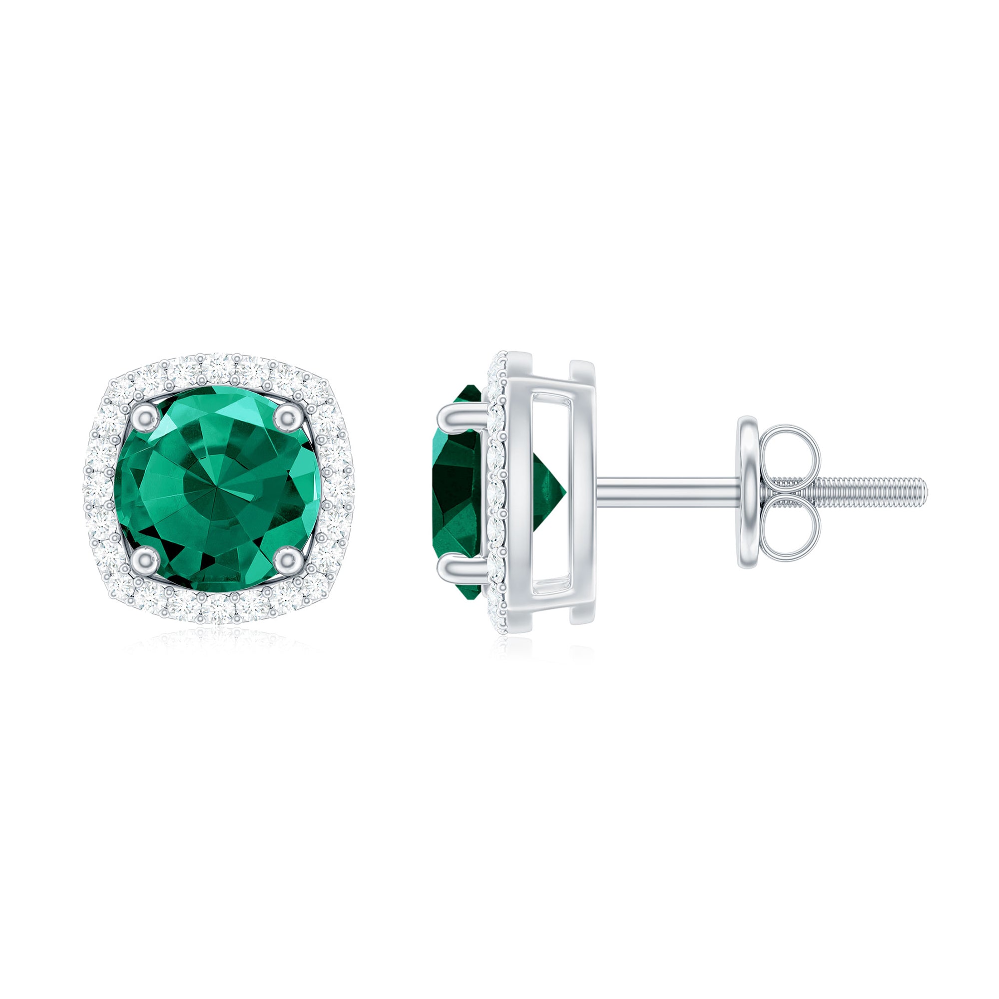 Classic Created Emerald Halo Silver Stud Earrings with Moissanite Lab Created Emerald - ( AAAA ) - Quality 92.5 Sterling Silver - Rosec Jewels
