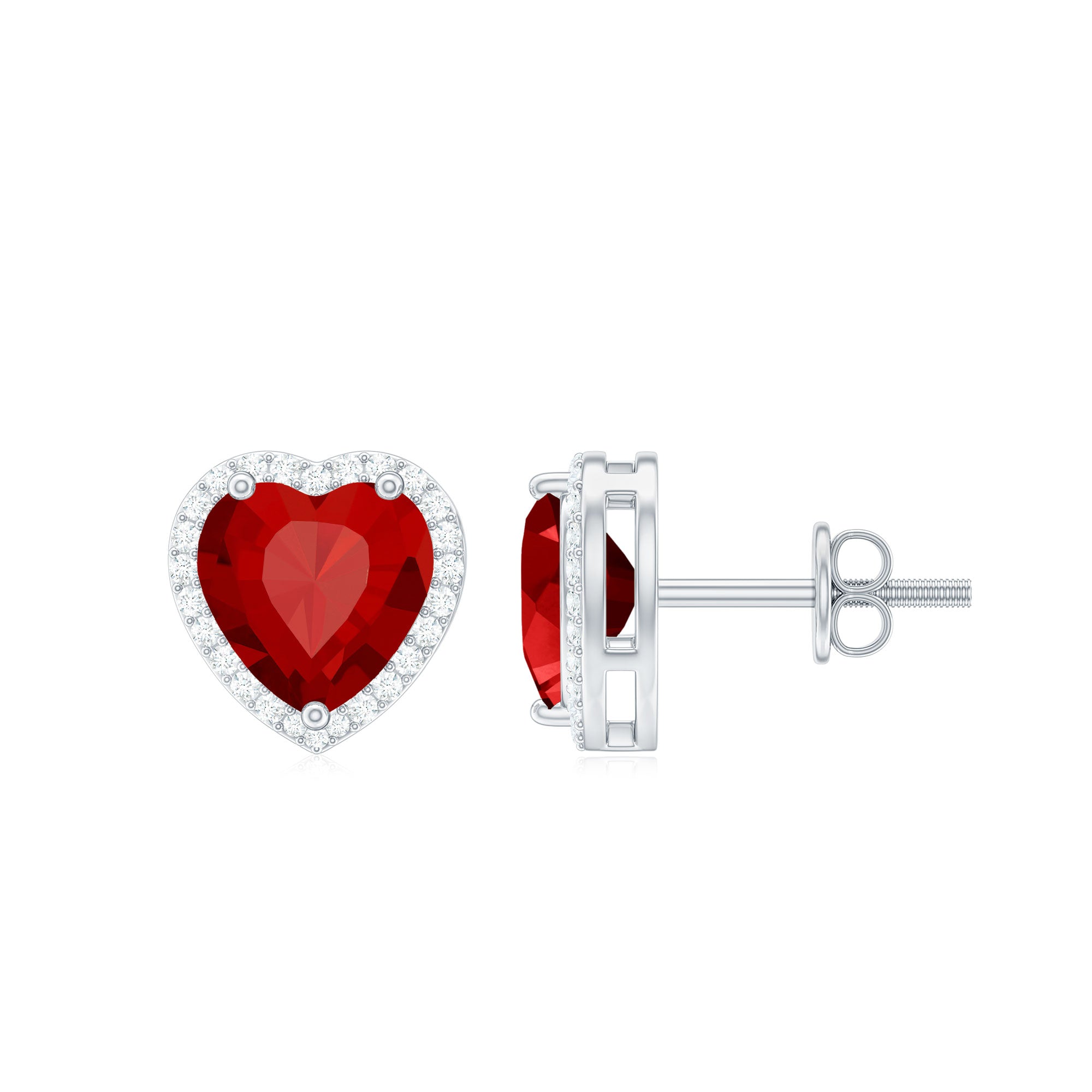 Created Ruby Heart Stud Earrings With Moissanite Lab Created Ruby - ( AAAA ) - Quality 92.5 Sterling Silver - Rosec Jewels