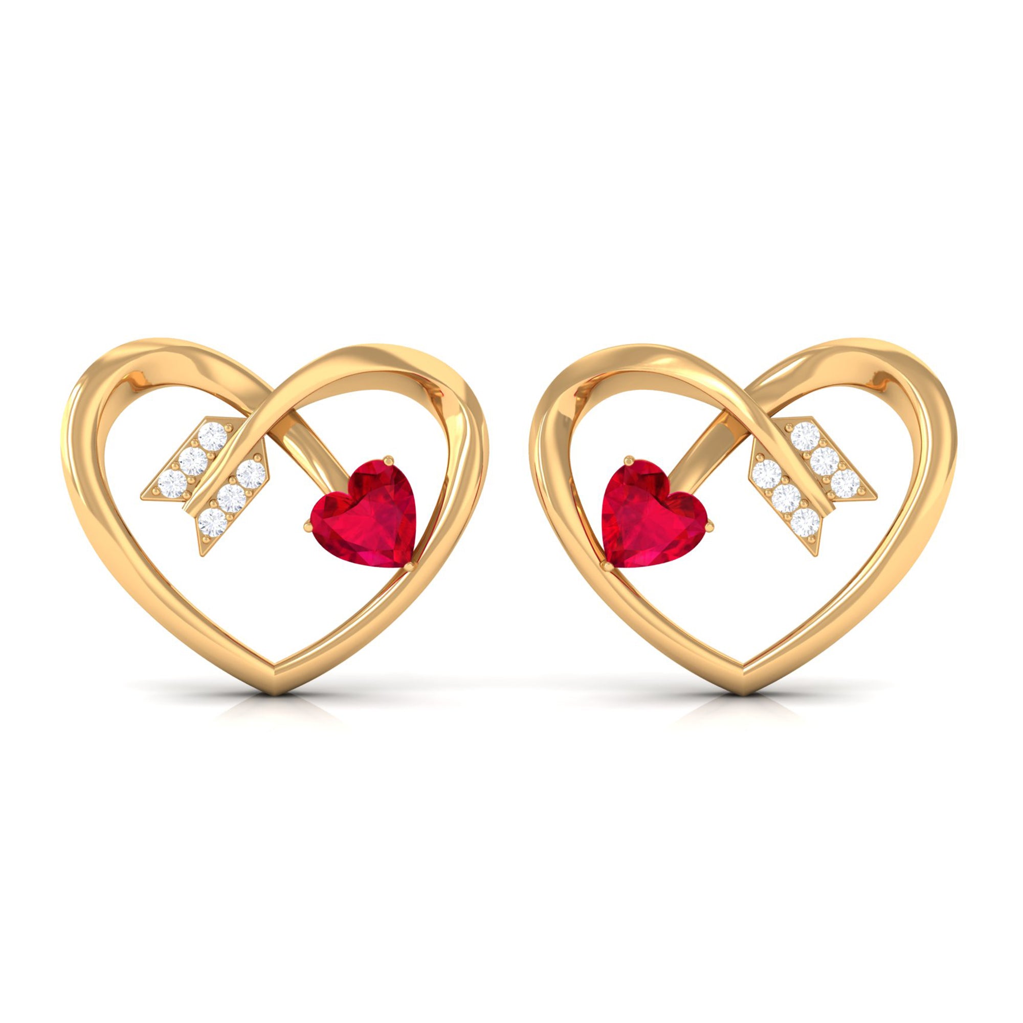 Heart Stud Earrings with Lab Created Ruby and Diamond Lab Created Ruby - ( AAAA ) - Quality - Rosec Jewels