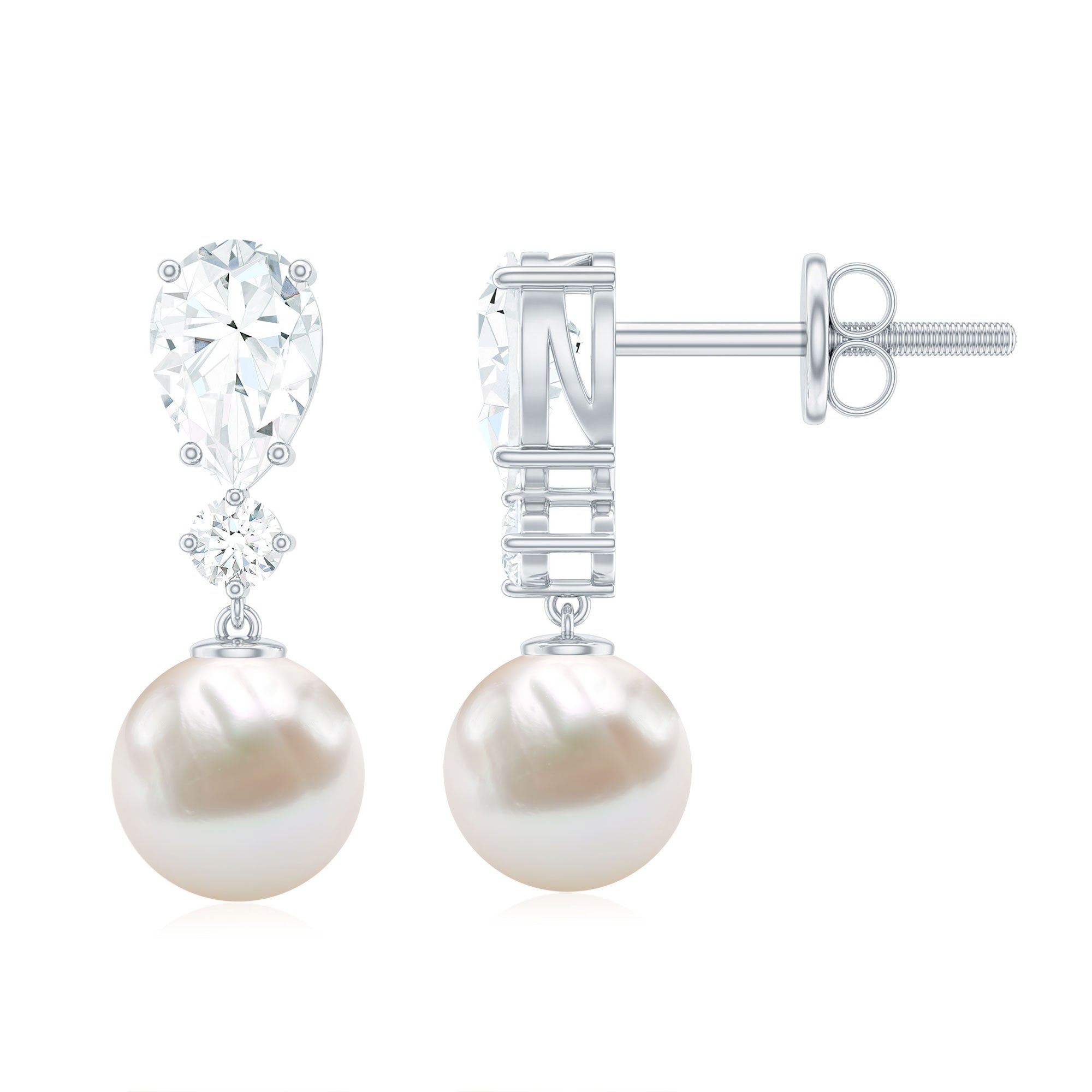 Moissanite and Freshwater Pearl Dangle Drop Earrings Freshwater Pearl - ( AAA ) - Quality - Rosec Jewels
