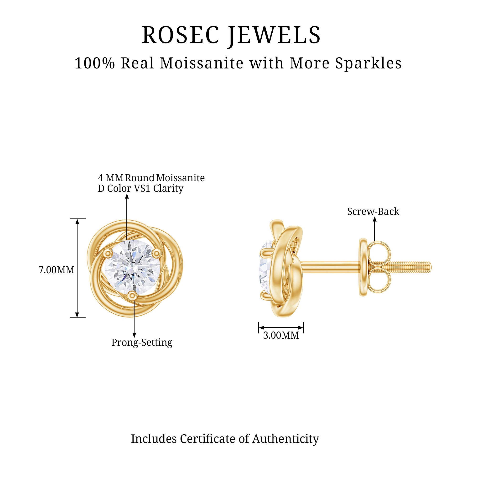1 CT Moissanite Swirl Stud Earrings Moissanite - ( D-VS1 ) - Color and Clarity - Rosec Jewels