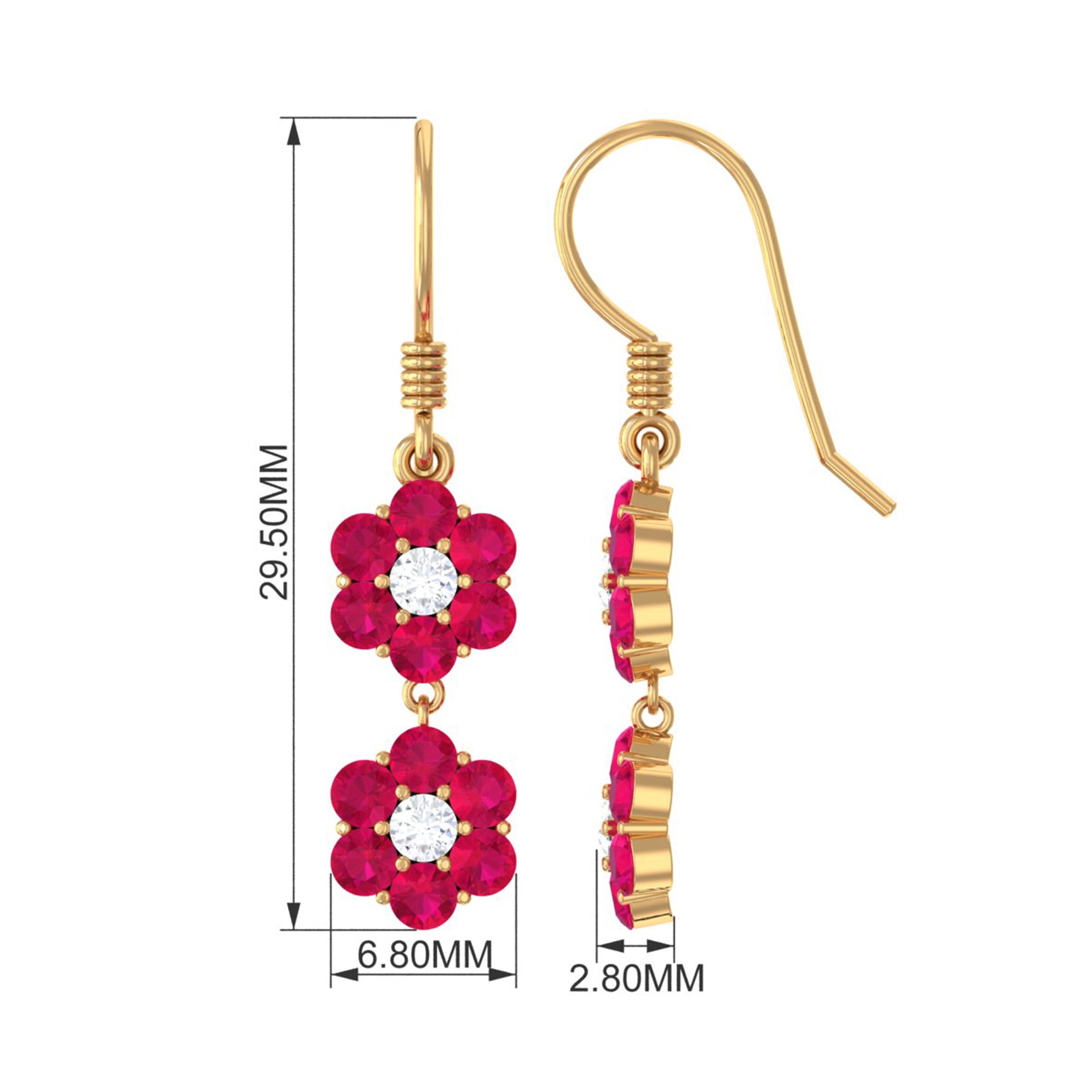 Twin Flower Dangle Earrings with Ruby and Moissanite Ruby - ( AAA ) - Quality - Rosec Jewels