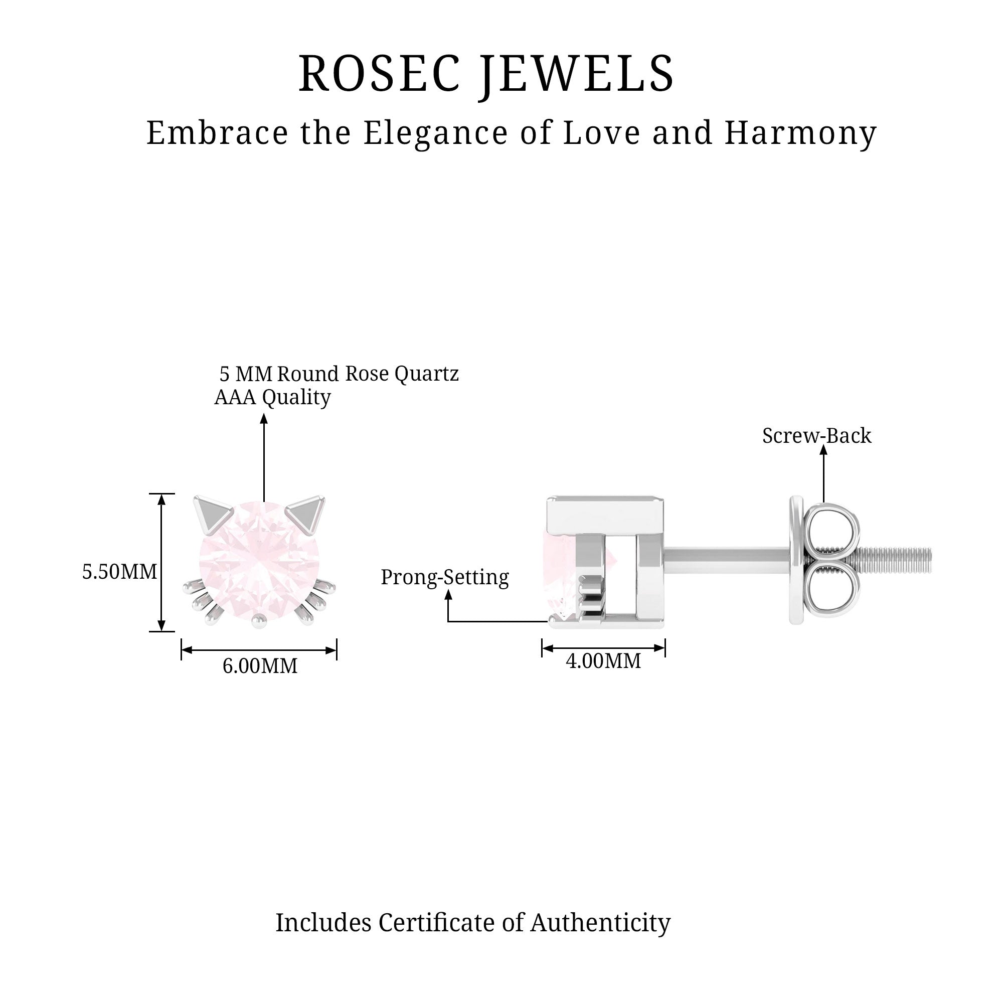 Rose Quartz Solitaire Cute Cat Stud Earrings Rose Quartz - ( AAA ) - Quality - Rosec Jewels