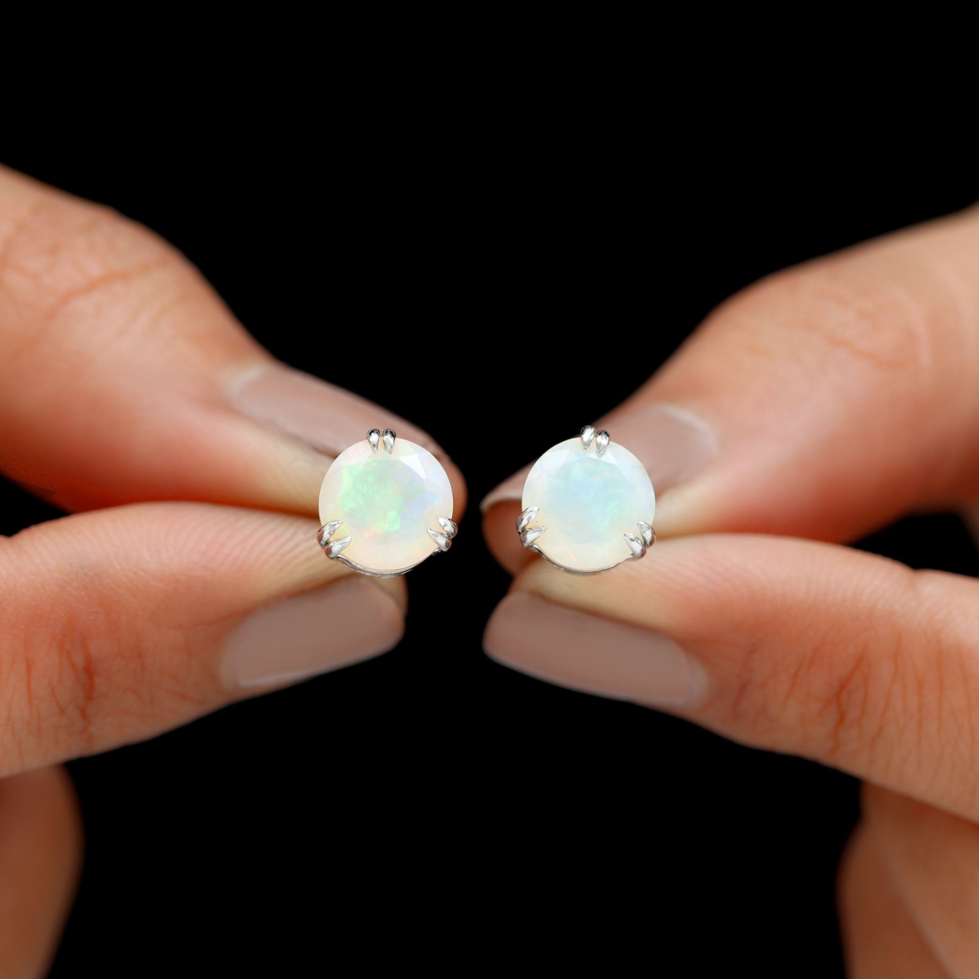 8 MM Ethiopian Opal Solitaire Silver Stud Earrings in Double Prong Setting Ethiopian Opal - ( AAA ) - Quality 92.5 Sterling Silver - Rosec Jewels