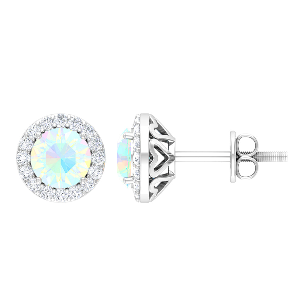 1.25 CT Classic Ethiopian Opal and Moissanite Halo Stud Earrings in Silver Ethiopian Opal - ( AAA ) - Quality 92.5 Sterling Silver - Rosec Jewels