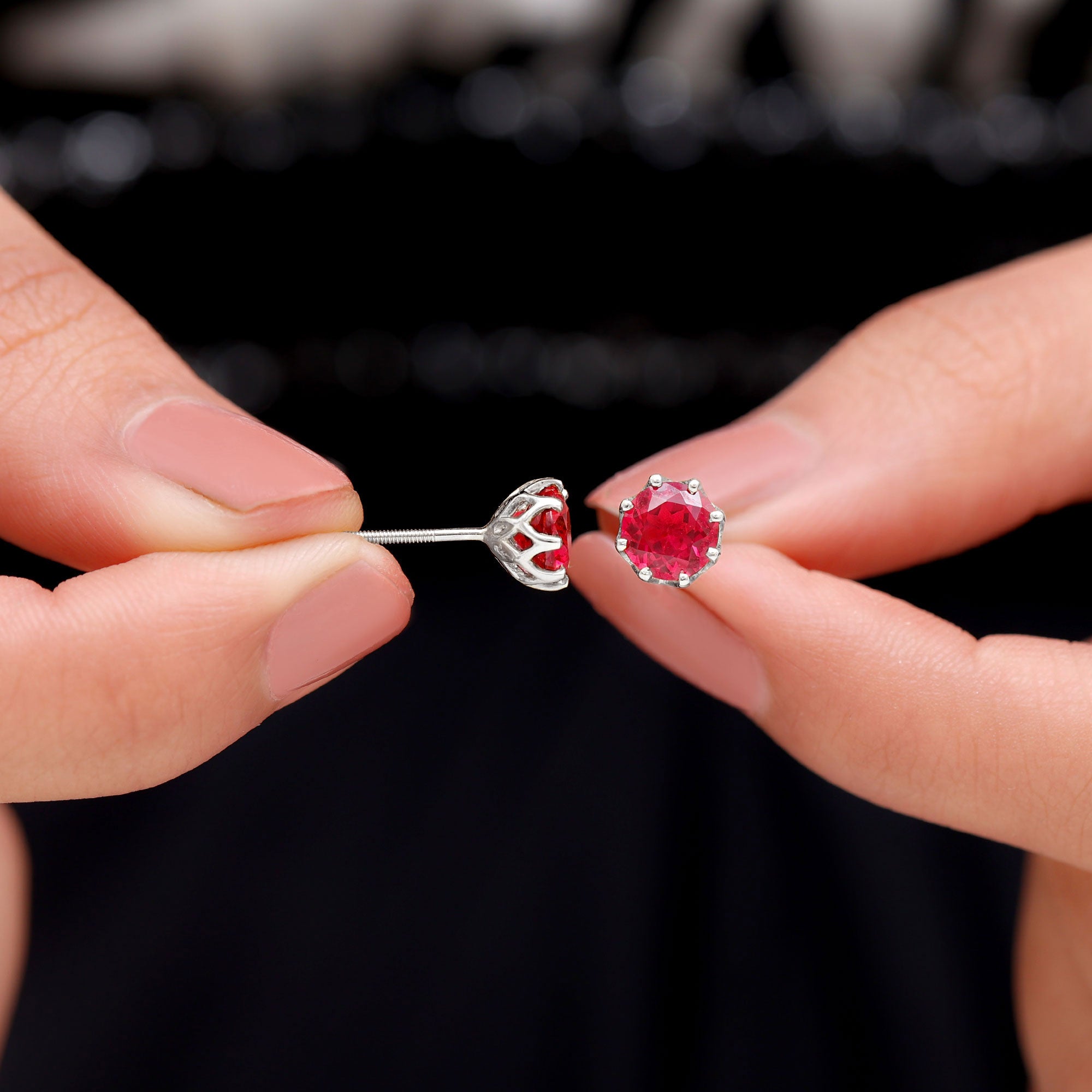 6 MM Decorative Created Ruby Solitaire Stud Earrings in Silver Lab Created Ruby - ( AAAA ) - Quality 92.5 Sterling Silver - Rosec Jewels