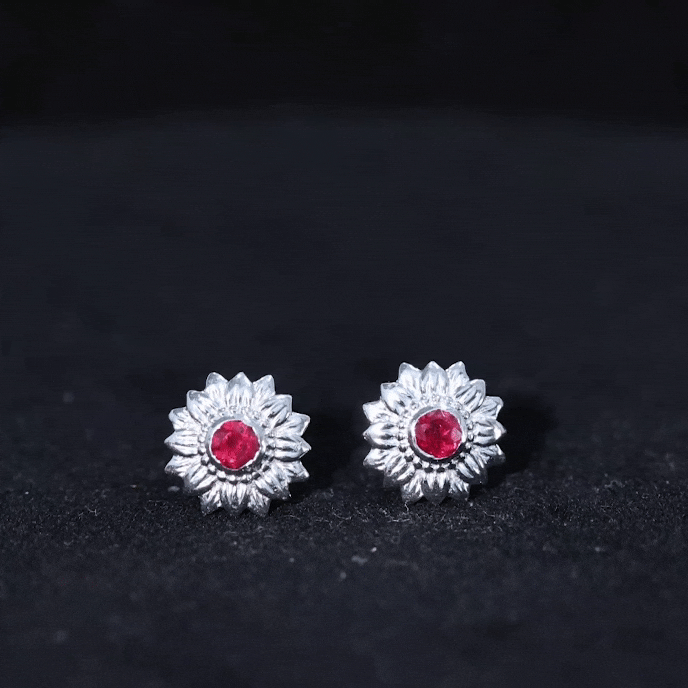 Bezel Set Real Ruby Flower Stud Earrings Ruby - ( AAA ) - Quality - Rosec Jewels
