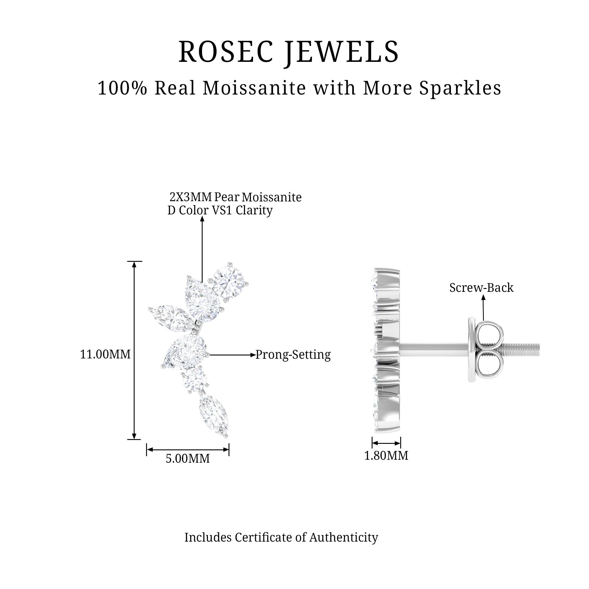 Certified Moissanite Climber Earrings Moissanite - ( D-VS1 ) - Color and Clarity - Rosec Jewels