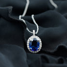 Oval Cut Created Blue Sapphire Silver Halo Pendant with Moissanite - Rosec Jewels