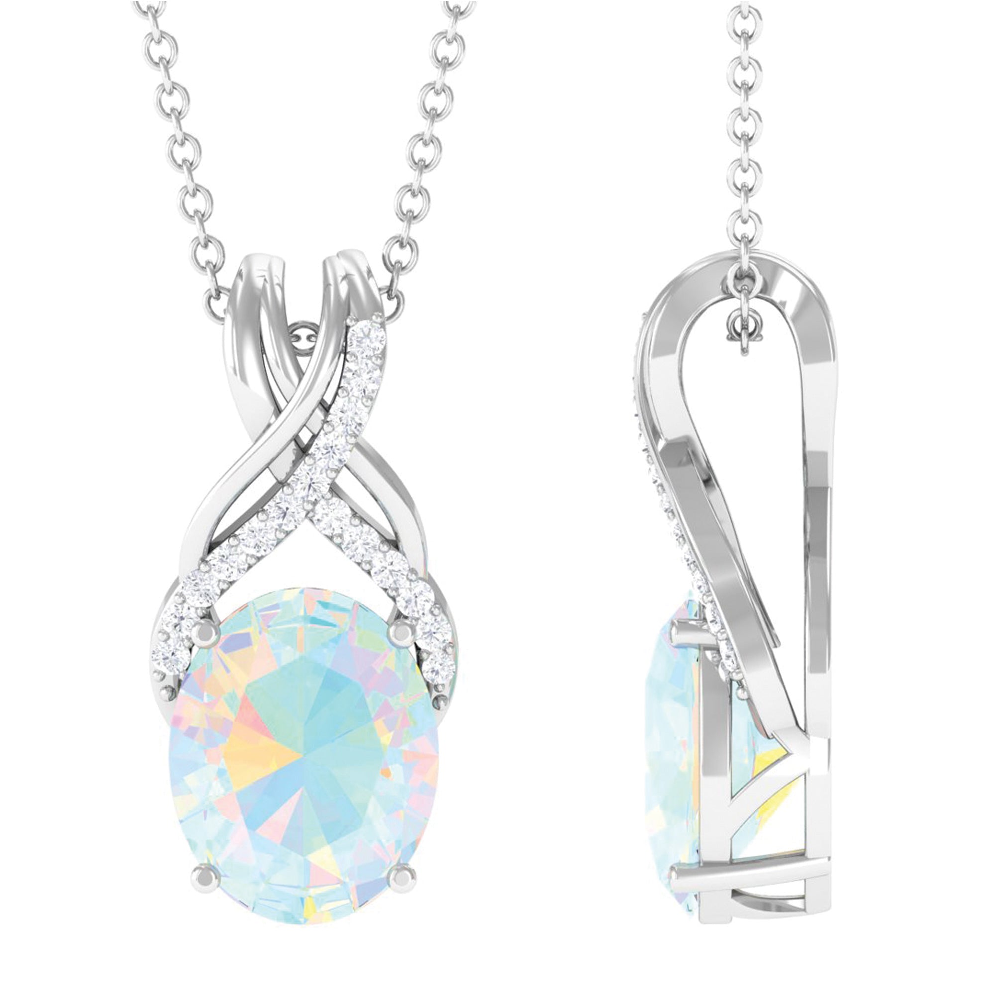 Oval Ethiopian Opal Solitaire Silver Pendant with Moissanite Twisted Bail - Rosec Jewels