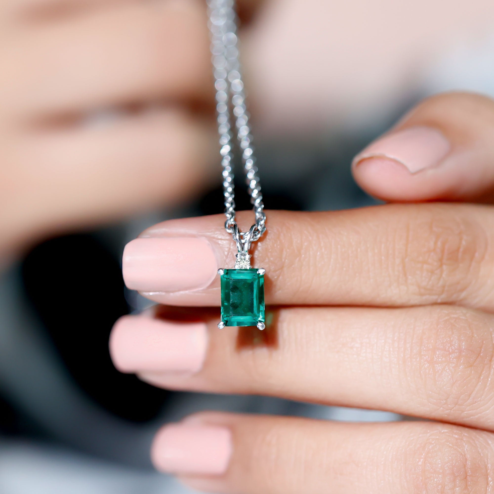 Octagon Cut Created Emerald Silver Solitaire Pendant with Dainty Moissanite - Rosec Jewels