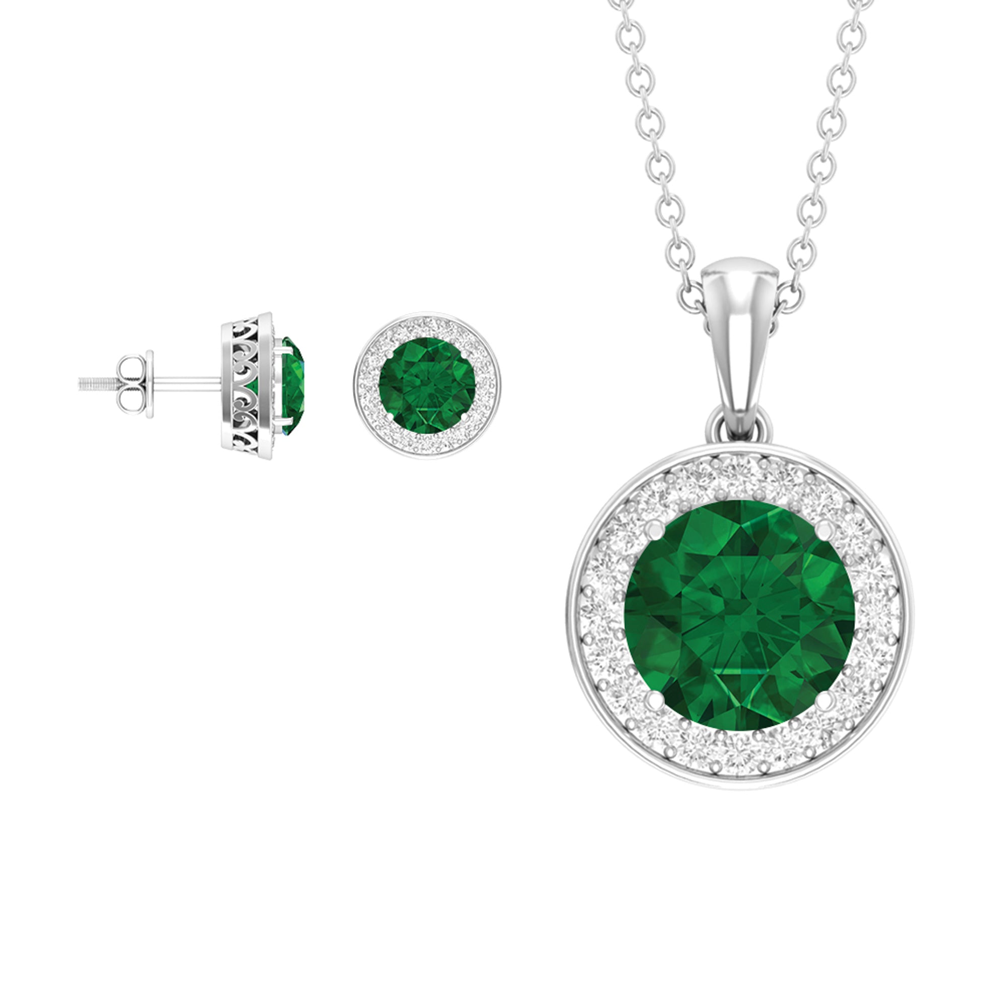 4.75 CT Classic Created Emerald Silver Halo Jewelry Set with Zircon - Rosec Jewels
