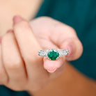 8 MM Created Emerald Solitaire Ring with Gold Carved Shank Lab Created Emerald - ( AAAA ) - Quality - Rosec Jewels