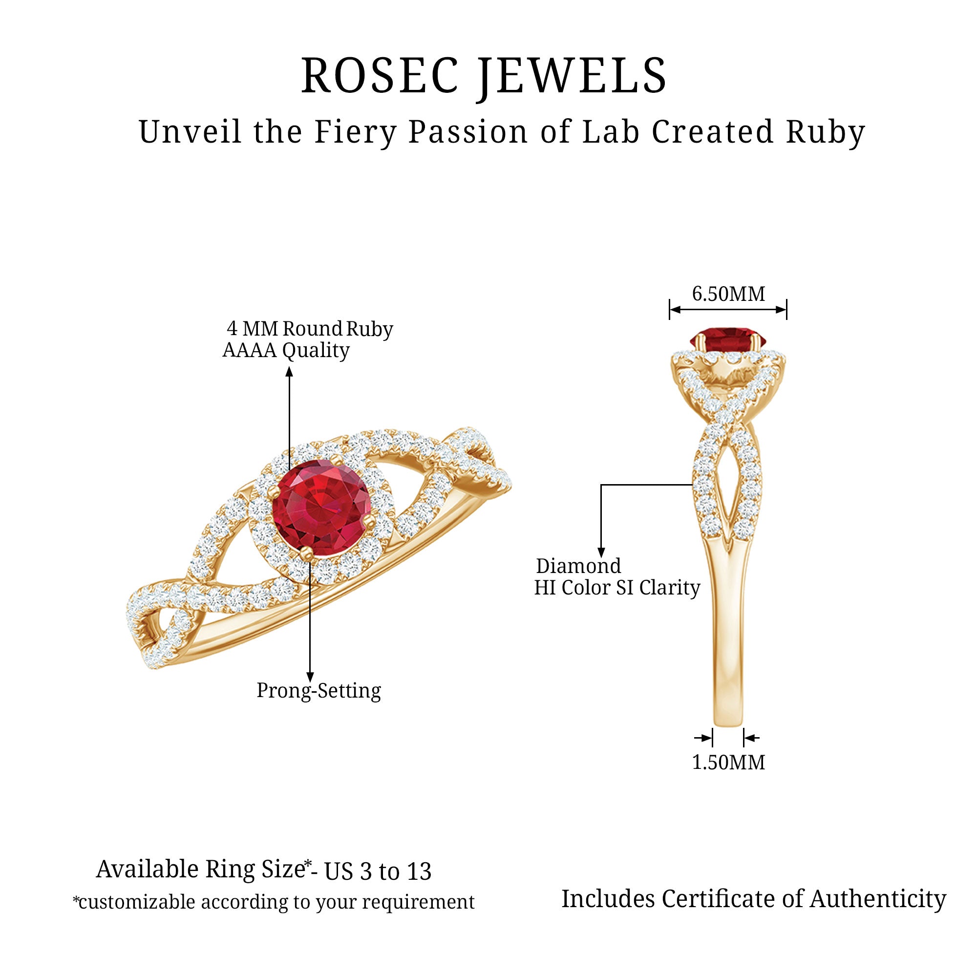 Criss Cross Shank Created Ruby and Diamond Halo Engagement Ring Lab Created Ruby - ( AAAA ) - Quality - Rosec Jewels