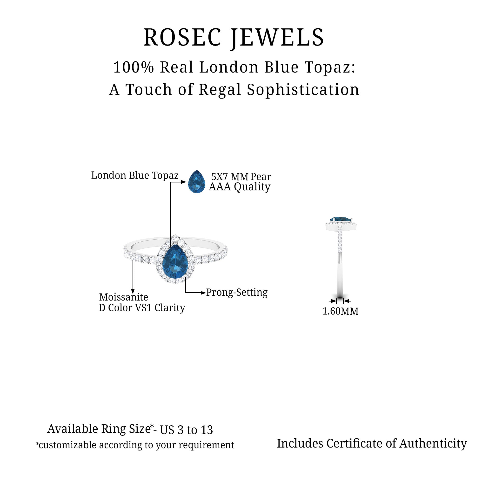 Simple London Blue Topaz Teardrop Ring with Moissanite Halo London Blue Topaz - ( AAA ) - Quality 92.5 Sterling Silver 6 - Rosec Jewels