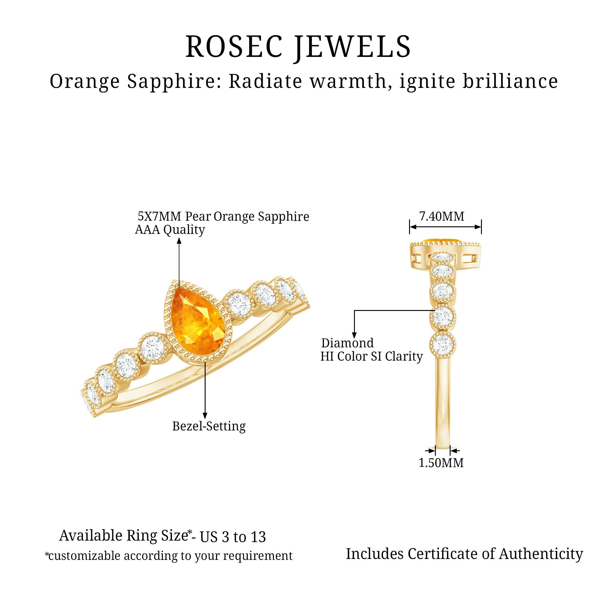 Beaded Bezel Set Pear Cut Orange Sapphire Ring with Diamond Orange Sapphire - ( AAA ) - Quality - Rosec Jewels