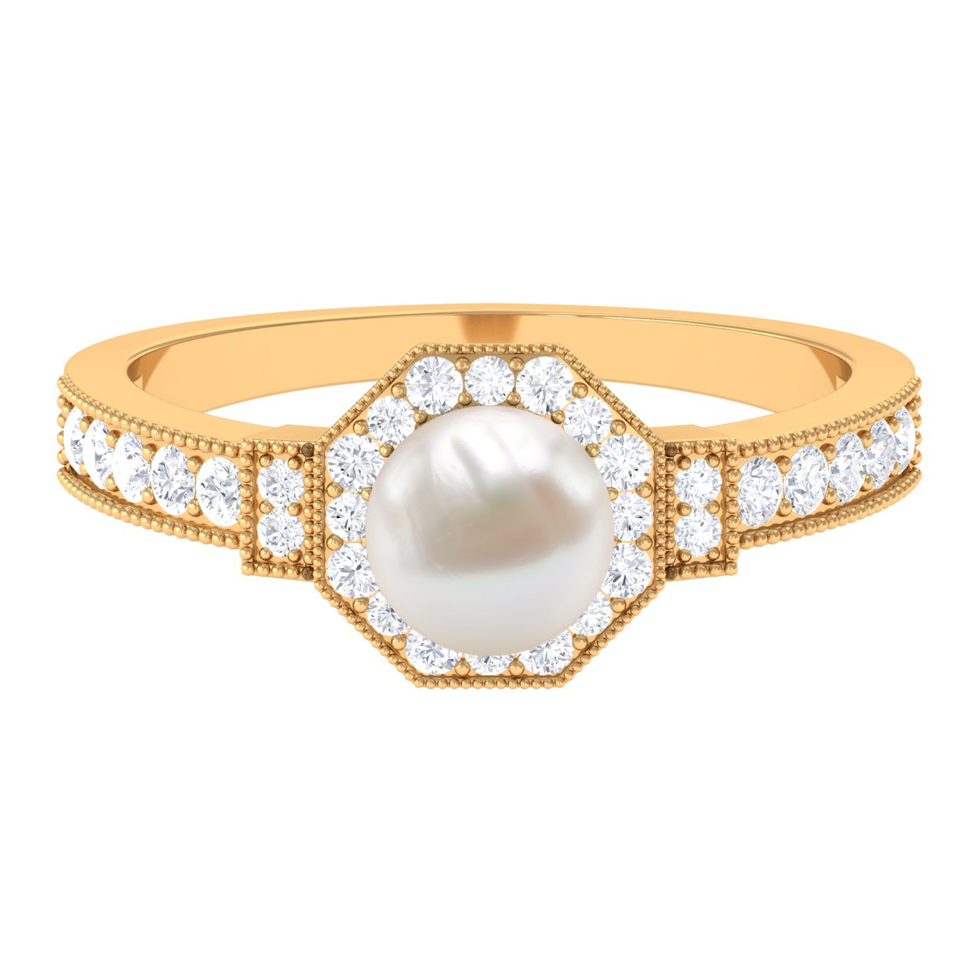 Vintage Inspired Freshwater Pearl Halo Ring with Diamond Freshwater Pearl - ( AAA ) - Quality - Rosec Jewels