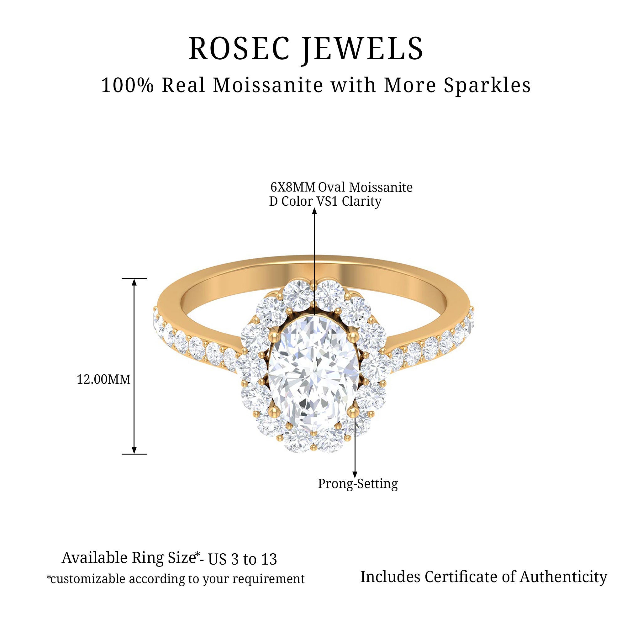 6X8 MM Oval Cut Moissanite Halo Engagement Ring Moissanite - ( D-VS1 ) - Color and Clarity - Rosec Jewels