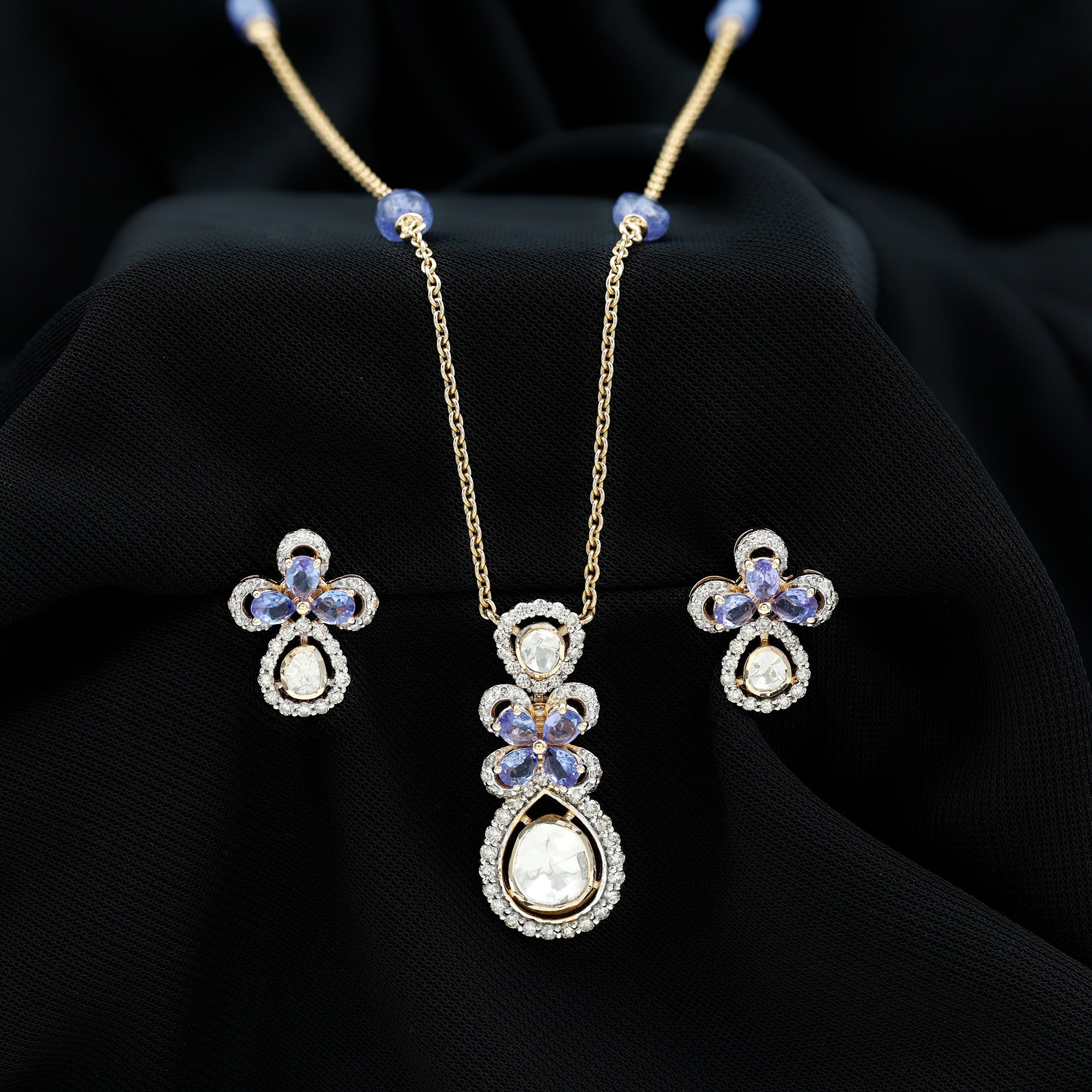 Pear Cut Tanzanite and Polki Diamond Drop Pendant and Earrings in 14k Gold - Rosec Jewels