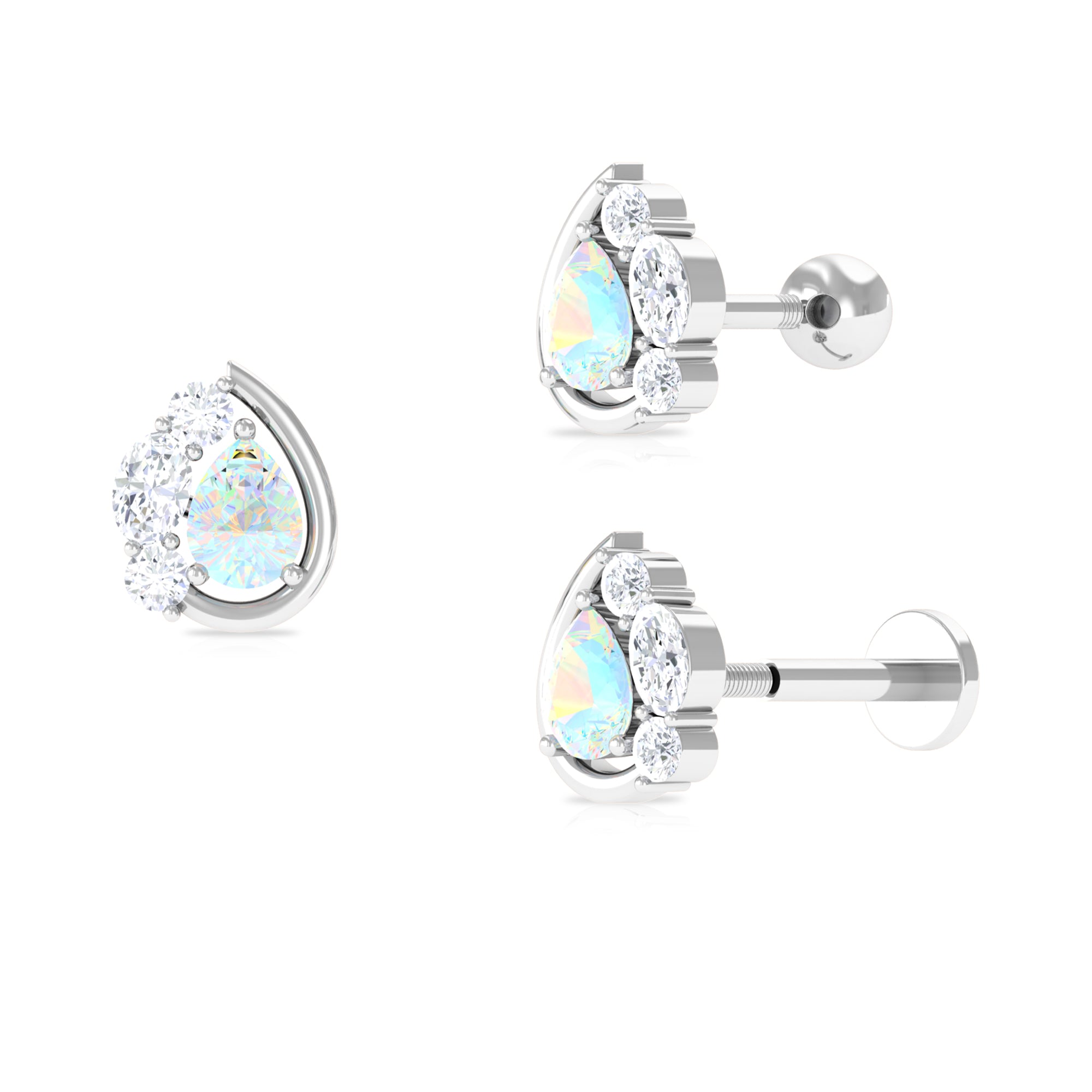 Pear Shape Ethiopian Opal and Moissanite Cartilage Earring Ethiopian Opal - ( AAA ) - Quality - Rosec Jewels