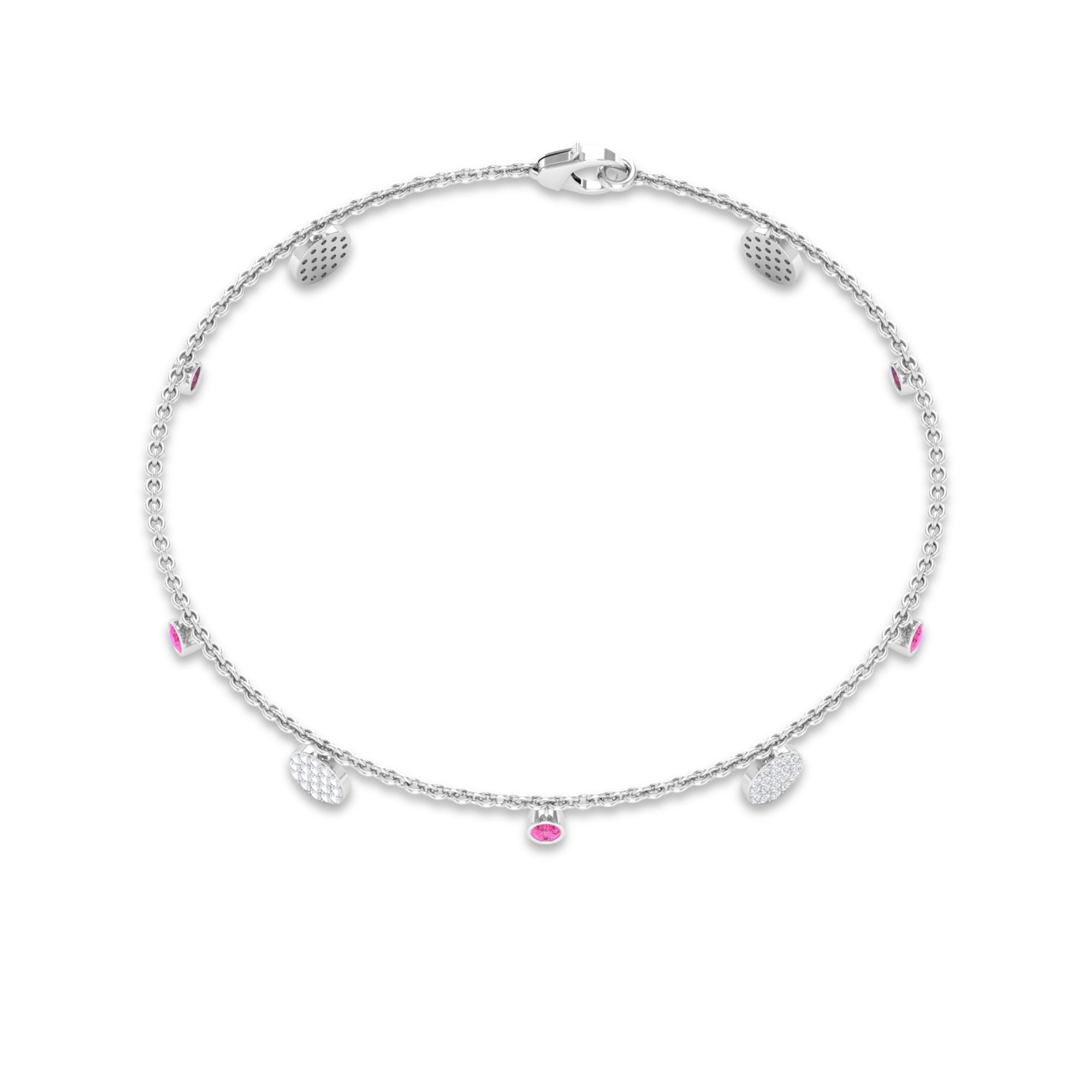 Pink Sapphire and Diamond Station Chain Charm Bracelet Pink Sapphire - ( AAA ) - Quality - Rosec Jewels