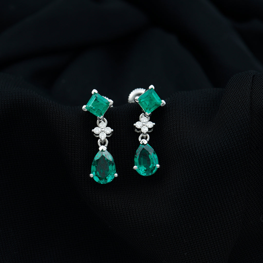 3.5 CT Created Emerald and Moissanite Bridal Dangle Earrings in Gold Lab Created Emerald - ( AAAA ) - Quality - Rosec Jewels