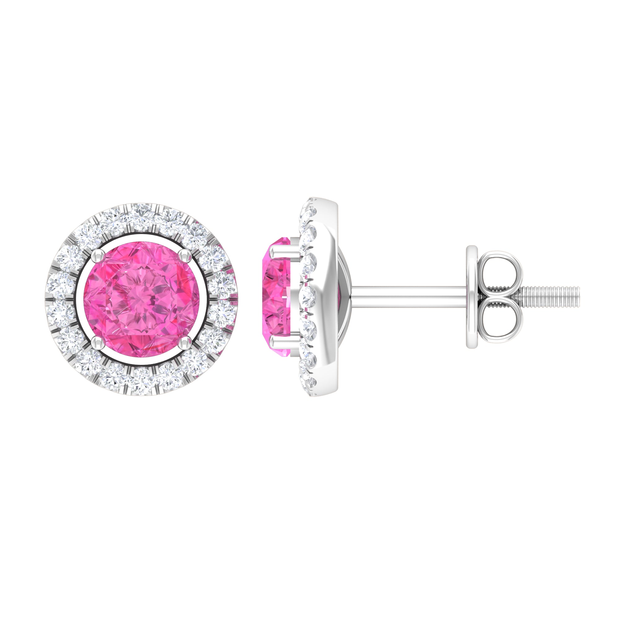 Pink Sapphire and Diamond Halo Stud Earrings Pink Sapphire - ( AAA ) - Quality - Rosec Jewels
