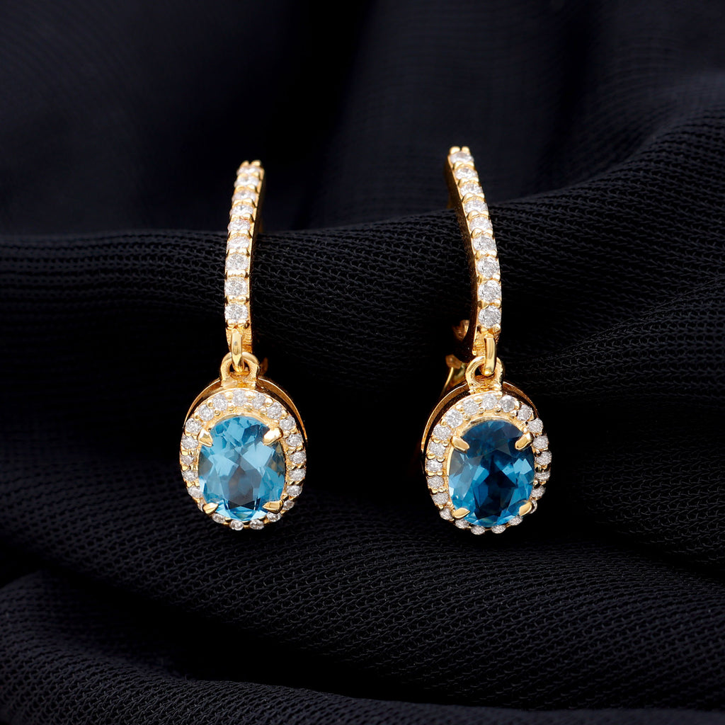2.75 CT Oval London Blue Topaz and Diamond Hoop Drop Earrings London Blue Topaz - ( AAA ) - Quality - Rosec Jewels