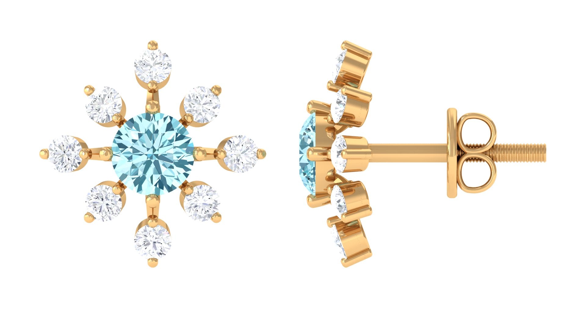 Minimal Snowflake Stud Earrings with Aquamarine and Diamond Aquamarine - ( AAA ) - Quality - Rosec Jewels