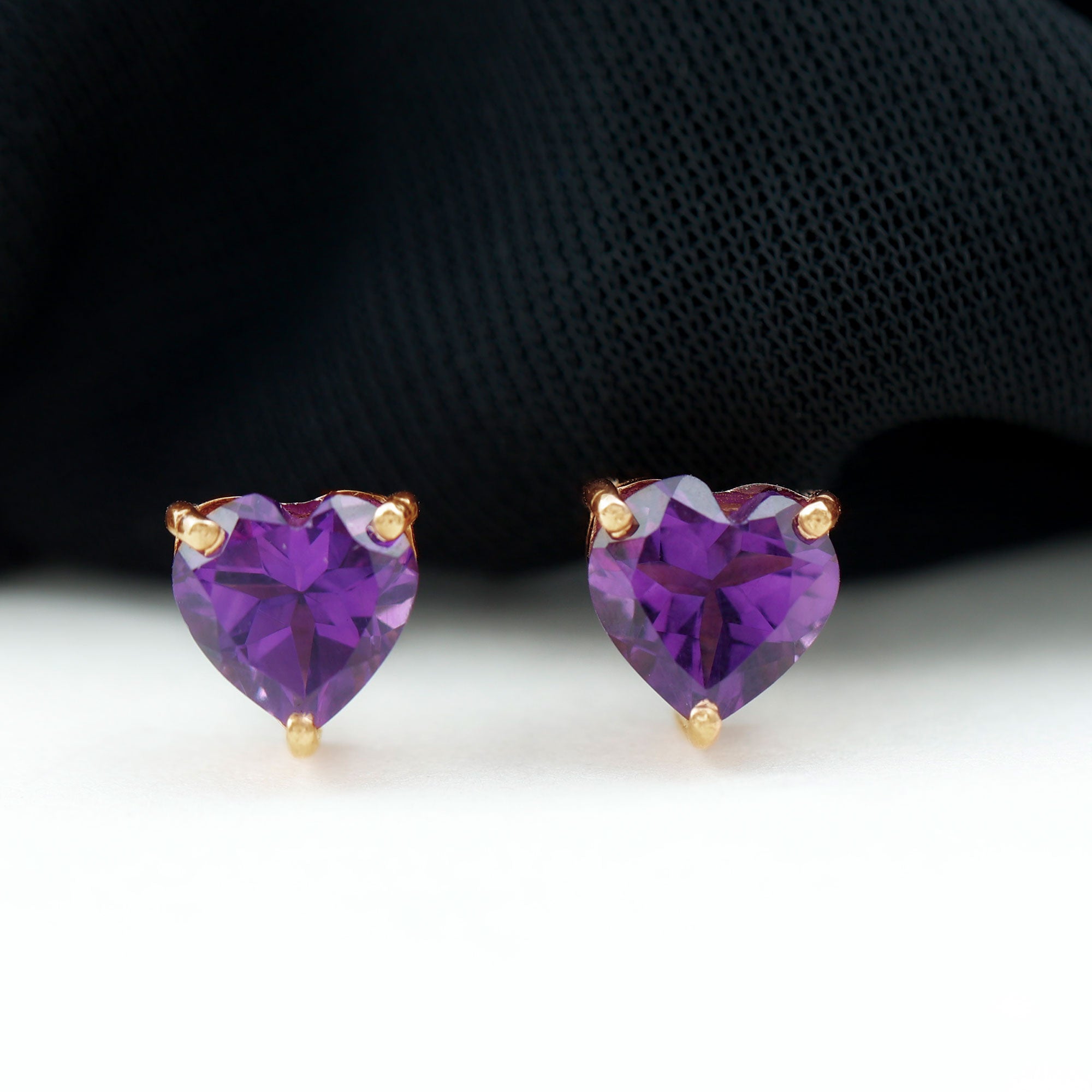 7 MM Heart Shape Amethyst Flower Stud Earrings in 3 Prong Setting Amethyst - ( AAA ) - Quality - Rosec Jewels
