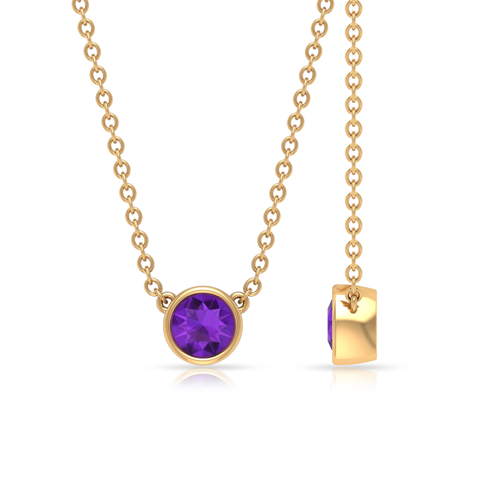 1/2 CT Bezel Set Round Amethyst Solitaire Necklace in Gold Amethyst - ( AAA ) - Quality - Rosec Jewels