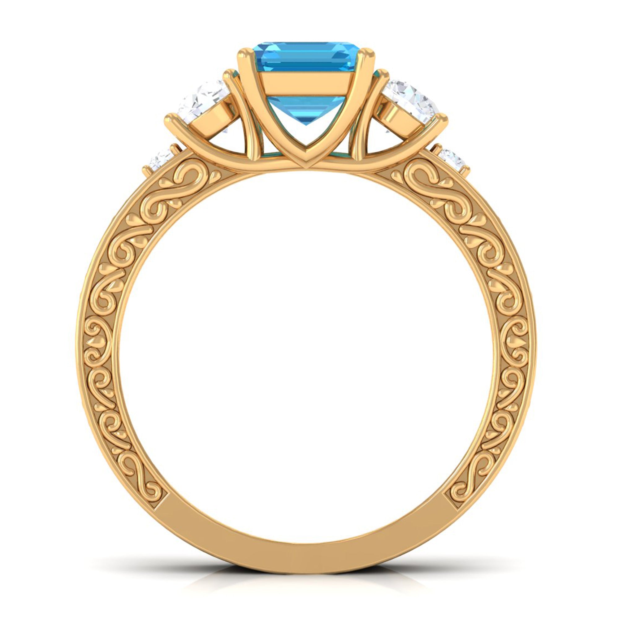 6X8 MM Octagon Cut Swiss Blue Topaz with Moissanite Three Stone Ring Swiss Blue Topaz - ( AAA ) - Quality - Rosec Jewels
