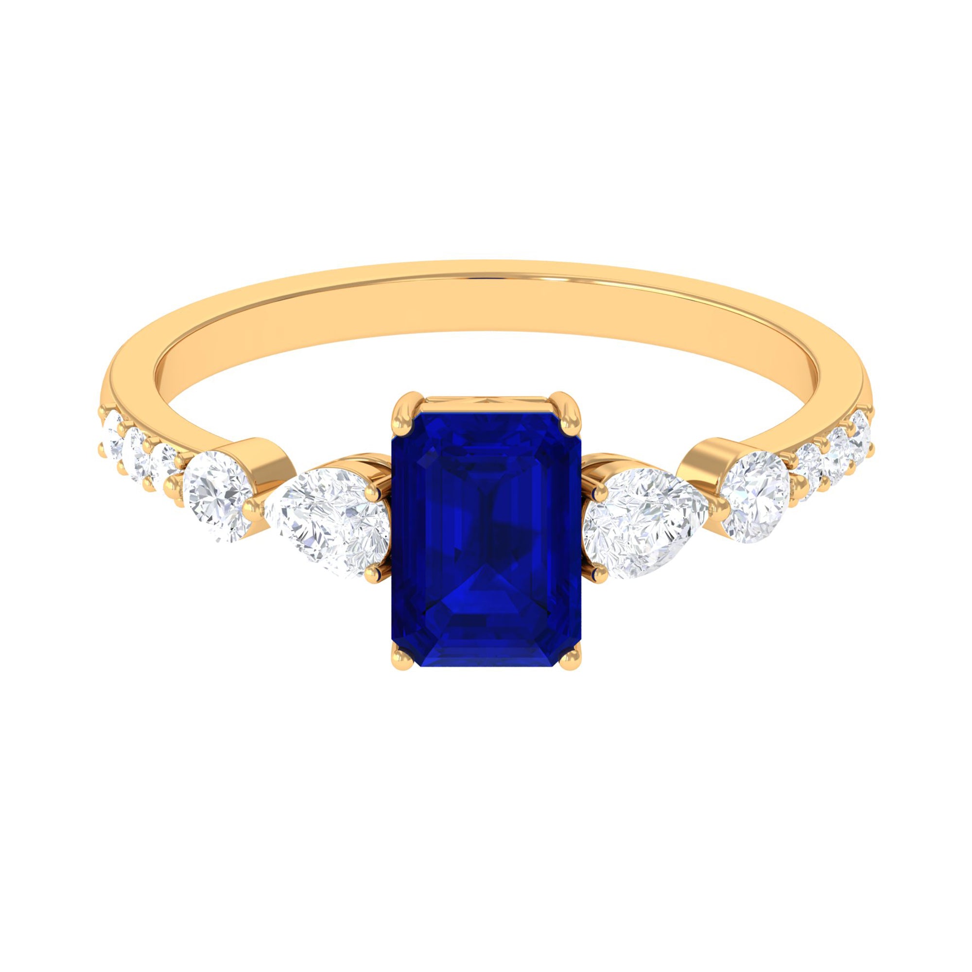 Created Blue Sapphire Classic Solitaire Engagement Ring with Diamond Lab Created Blue Sapphire - ( AAAA ) - Quality - Rosec Jewels