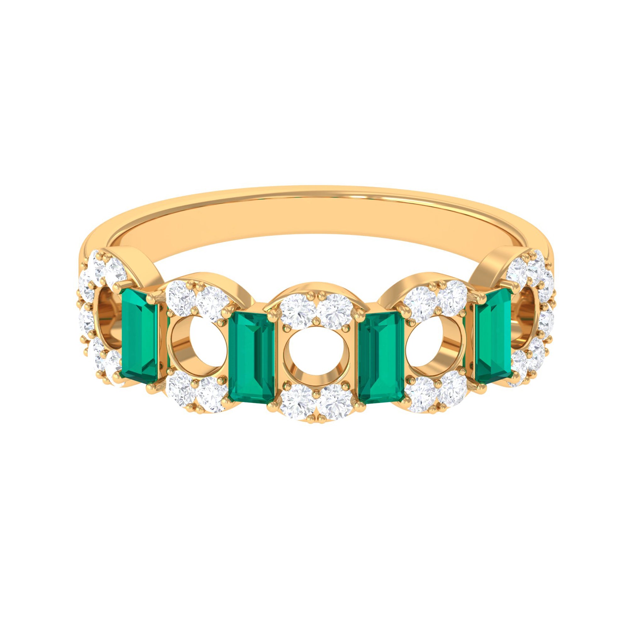 Art Deco Half Eternity Ring with Emerald and Diamond Emerald - ( AAA ) - Quality - Rosec Jewels