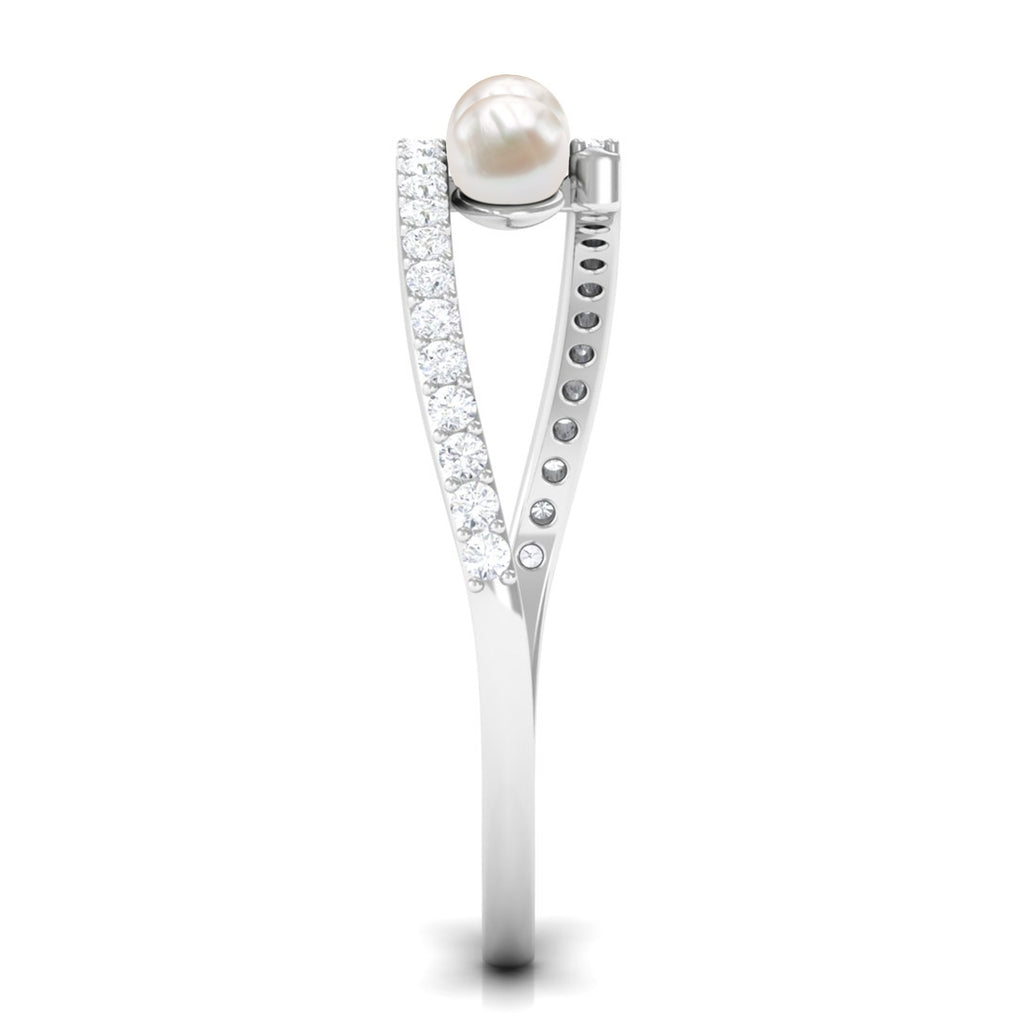 3/4 CT Three Stone Freshwater Pearl Bypass Ring with Diamond Freshwater Pearl - ( AAA ) - Quality - Rosec Jewels