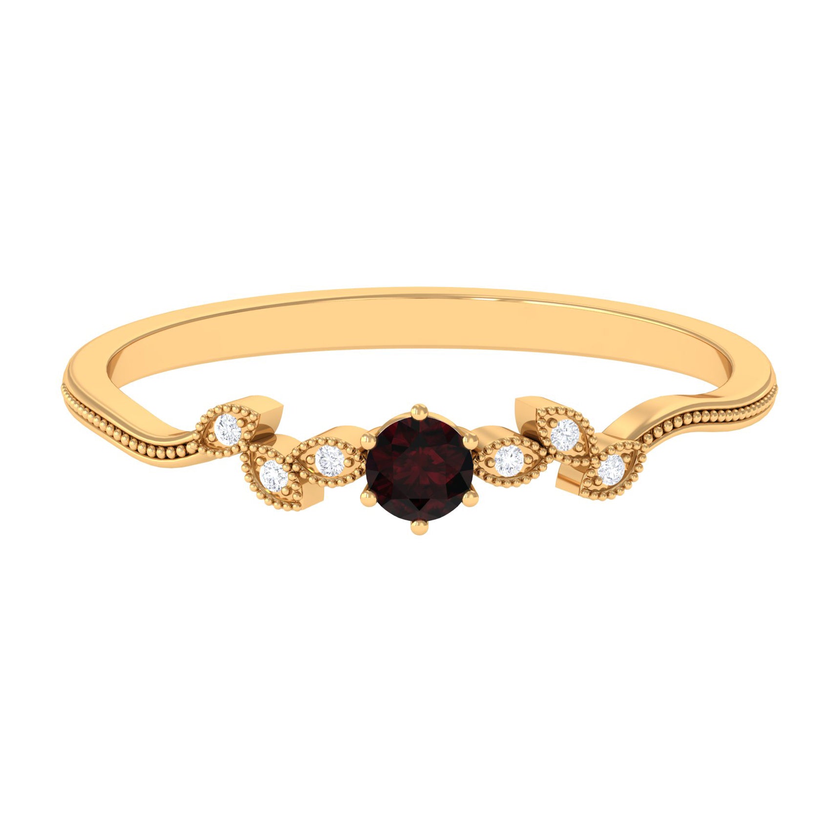 Natural Garnet Solitaire Leaf Inspired Promise Ring with Beaded Details Garnet - ( AAA ) - Quality - Rosec Jewels