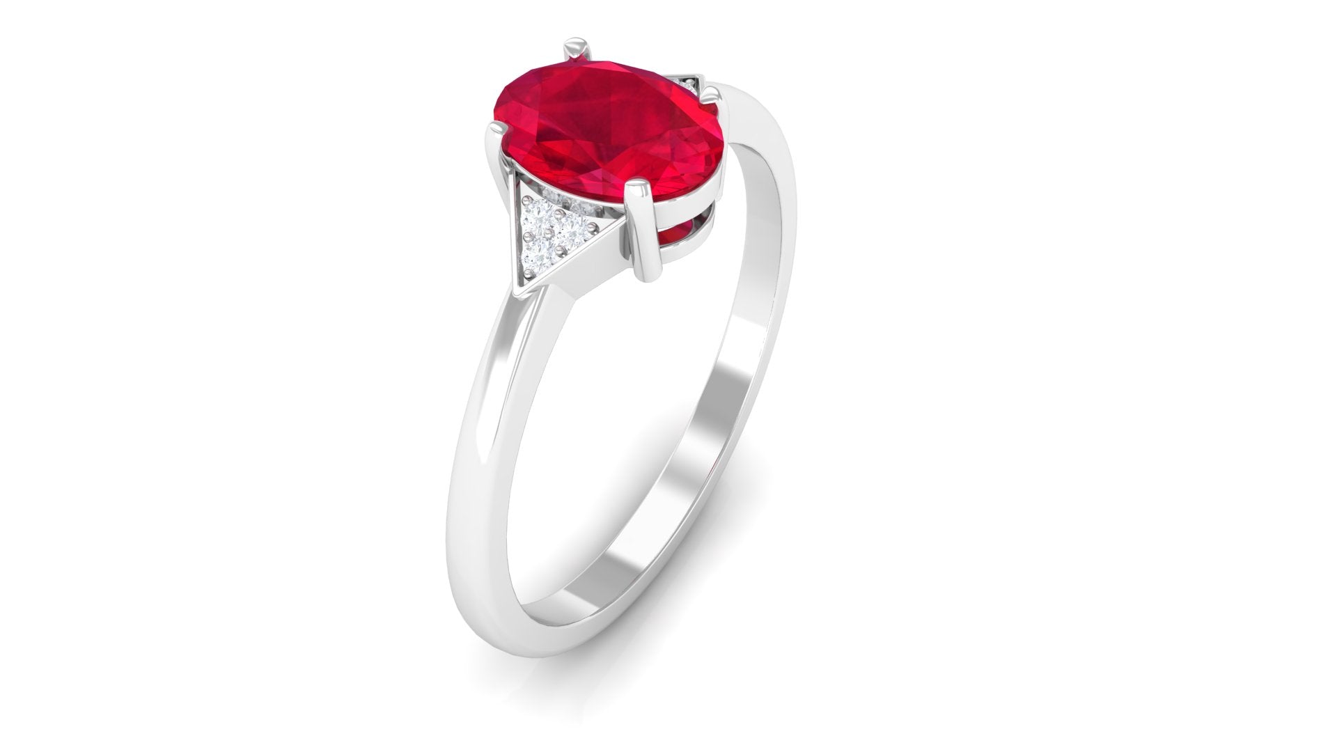 1 CT Oval Created Ruby Solitaire Ring with Diamond Accent Lab Created Ruby - ( AAAA ) - Quality - Rosec Jewels