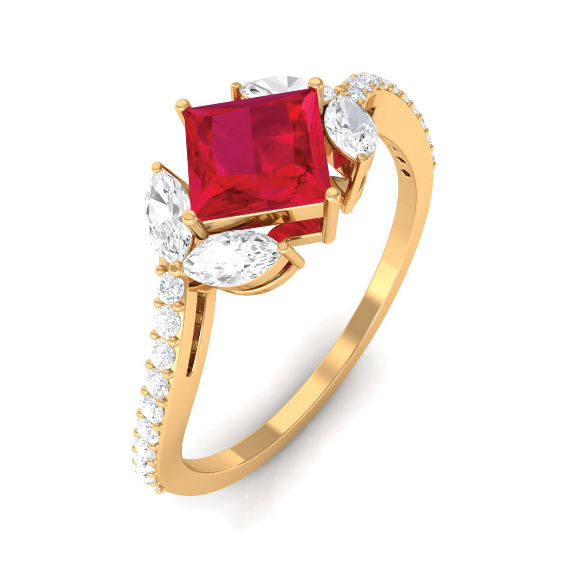 Princess Cut Lab Grown Ruby Solitaire Ring with Diamond Lab Created Ruby - ( AAAA ) - Quality - Rosec Jewels