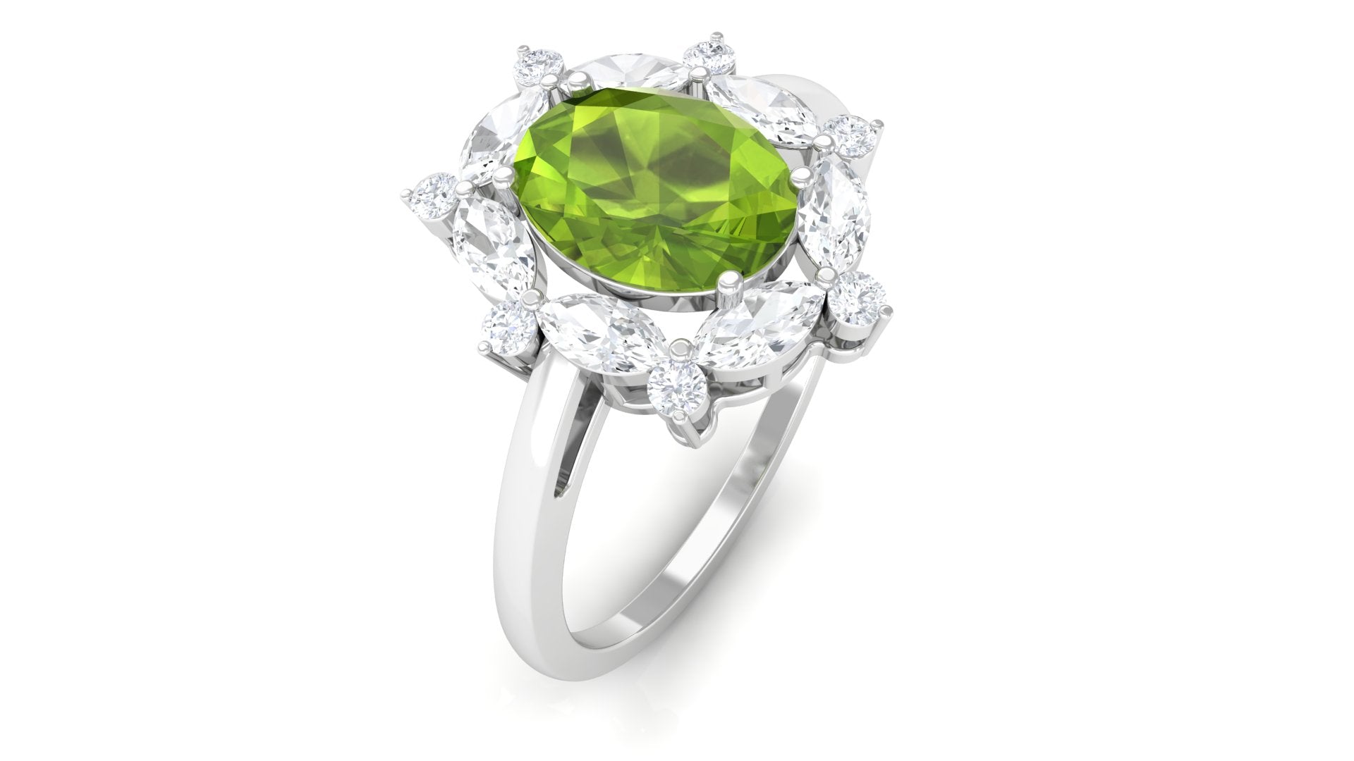 Designer Peridot Engagement Ring with Moissanite Halo Peridot - ( AAA ) - Quality - Rosec Jewels