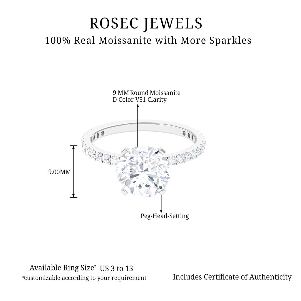 4 CT Certified Round Moissanite Solitaire Ring with Side Stones Moissanite - ( D-VS1 ) - Color and Clarity - Rosec Jewels