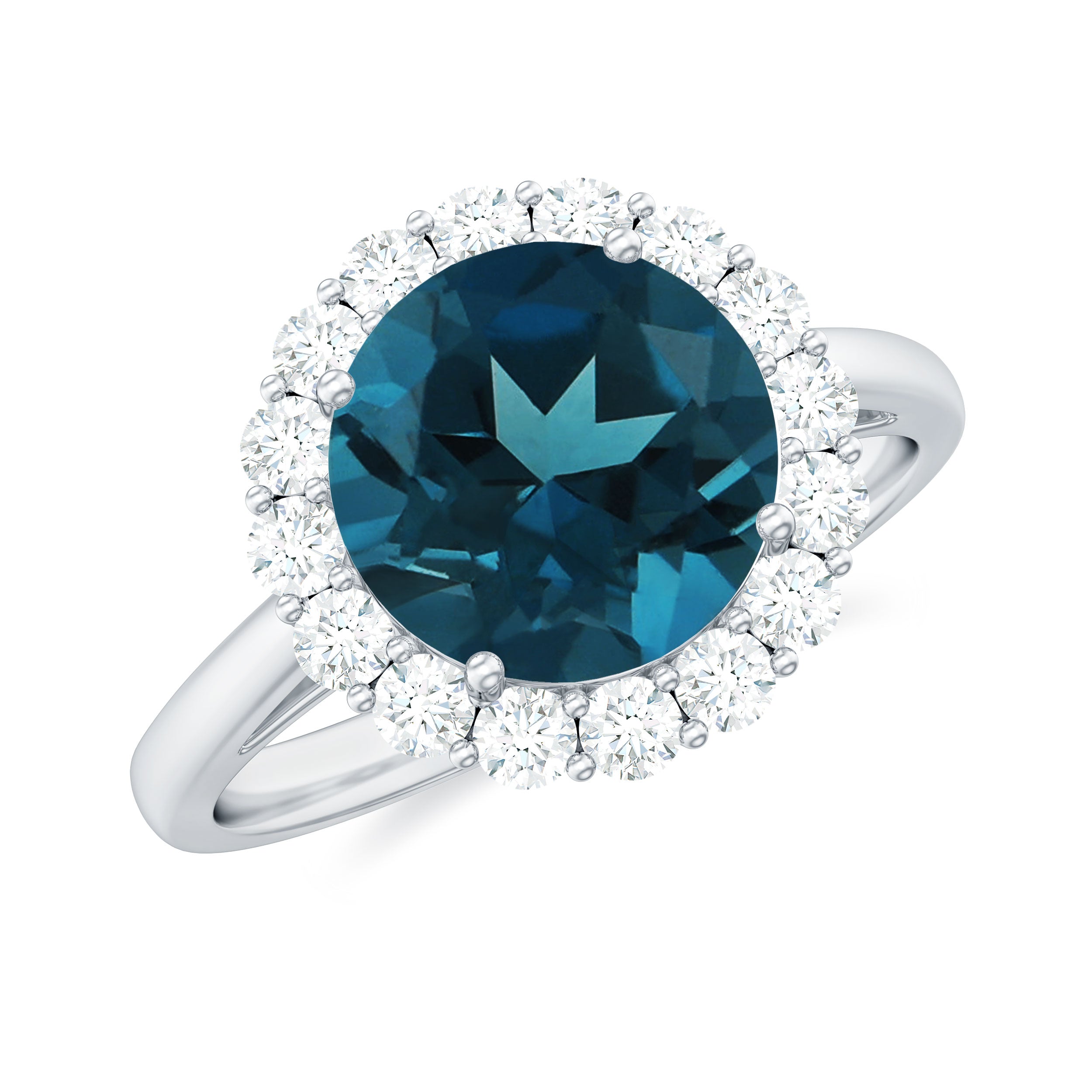 2.50 CT Round Shape London Blue Topaz Engagement Ring with Moissanite Halo London Blue Topaz - ( AAA ) - Quality - Rosec Jewels
